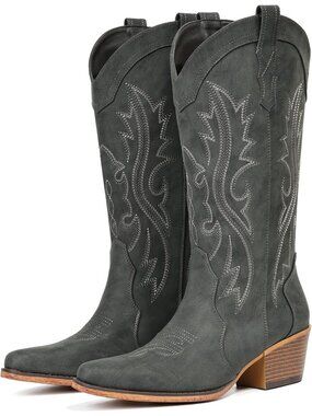 Women's Blackgrey Mid Calf Snip Toe Western Cowgirl Faux Leather Heeled Boots